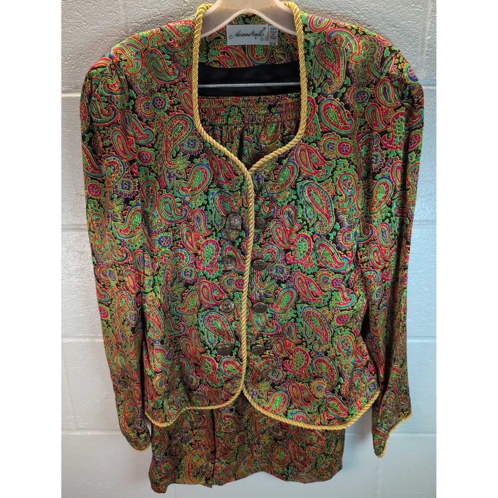 Vintage Adrianna Papell 2 Pc Silk Paisley Suit Evening Cocktail Gold Rope Trim
